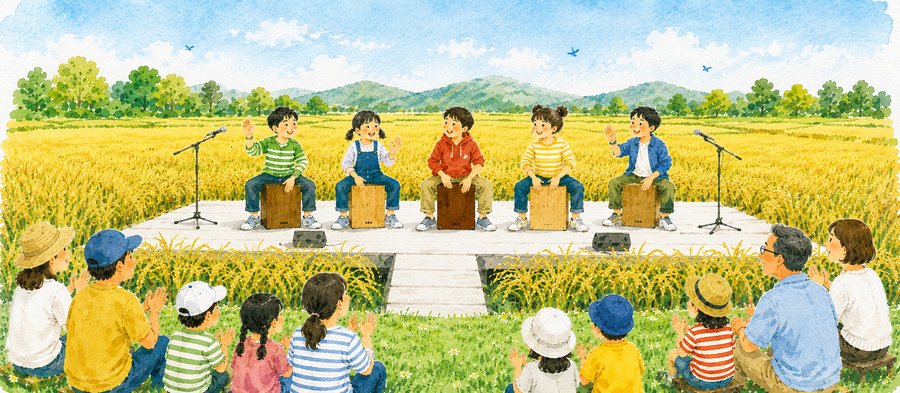 田んぼの特設ステージでカホンを演奏する子どもたち