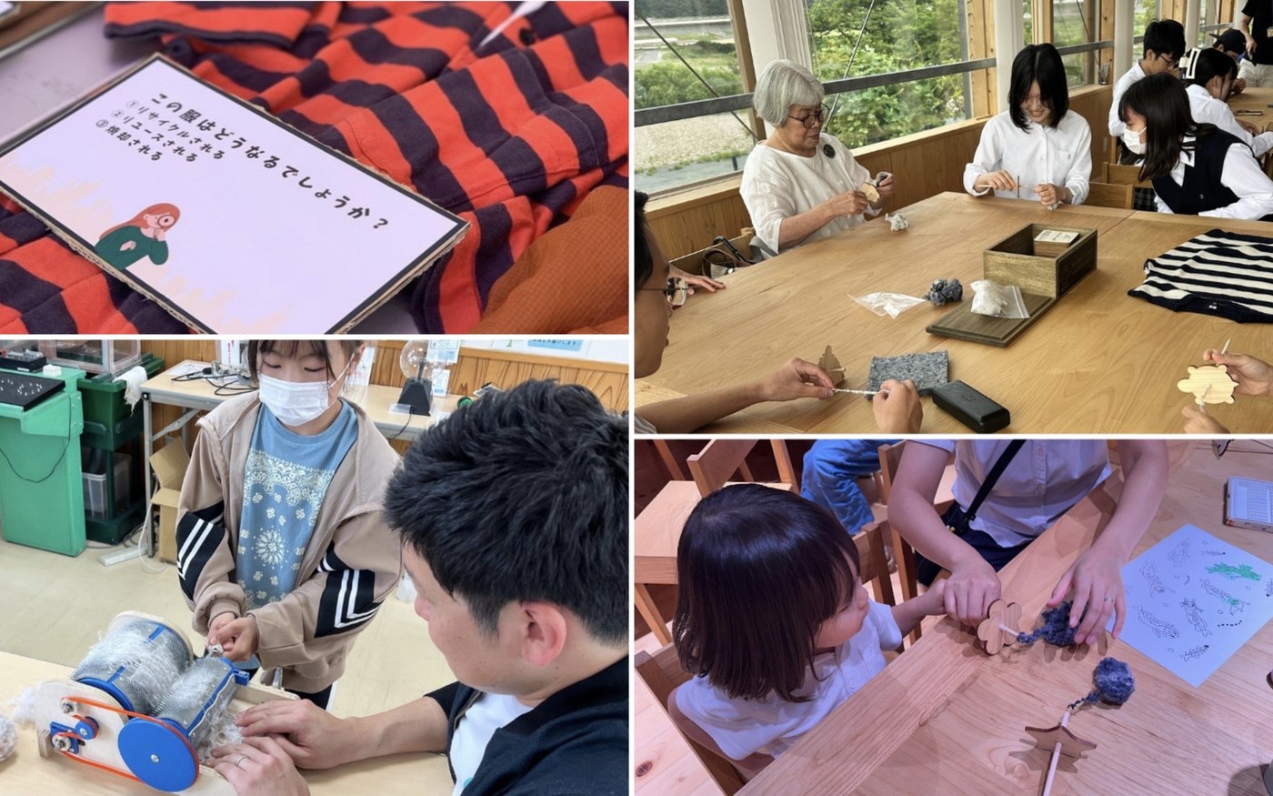 ごみの学校のワークショップの様子（洋服の仕分け、ワタに戻す機械、糸づくり、コースター作り）