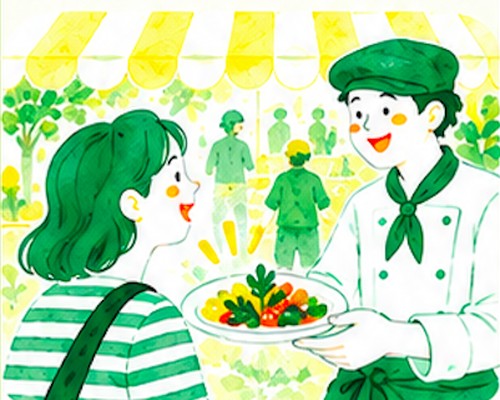 気になるシェフのメニューを試食するイラスト