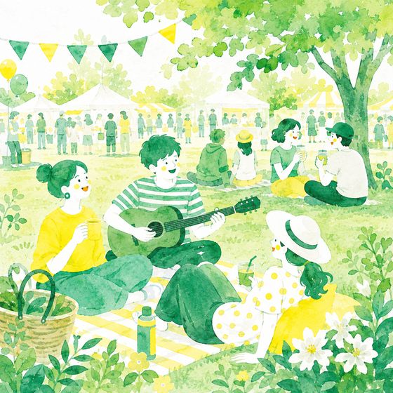芝生の上で音楽を楽しみながらくつろぐ様子