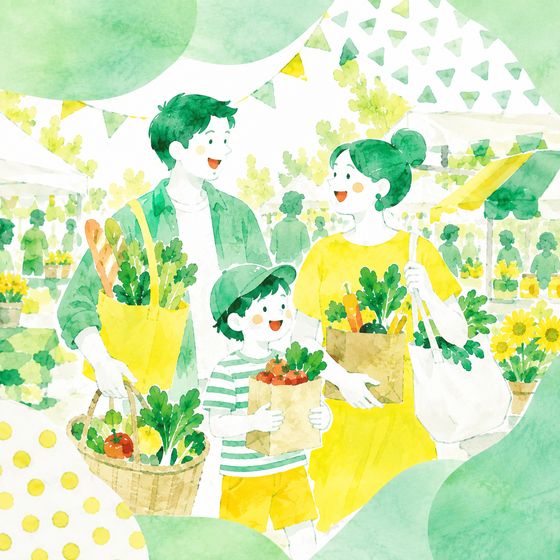 マーケットで有機野菜を買い物する家族